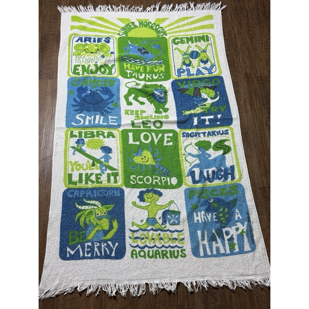 Vintage Rare Montero Zodiac Horoscope Blue Green Beach Towel Signs Fringe VGUC